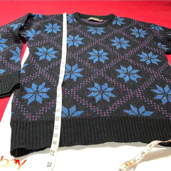 Snowflakes blue FAIR ISLE Black purple WOOL Sweater Geometric mens Medium 90s M - Picture 5 of 13
